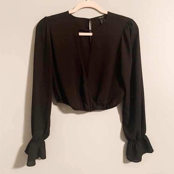 Long Sleeve Sheer Black Crop Top - Picture 1 of 2
